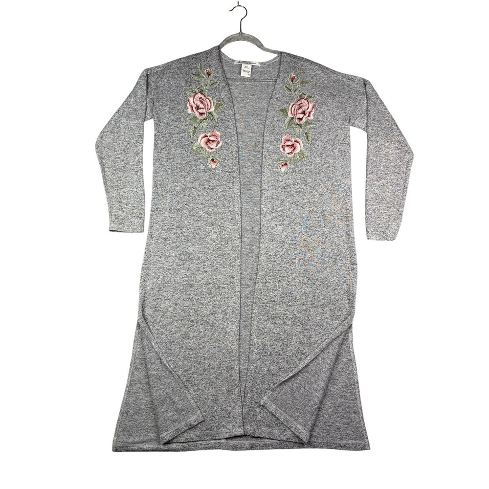 American Rag Gray Floral Embroidered Open Front Duster Cardigan Sweater Small